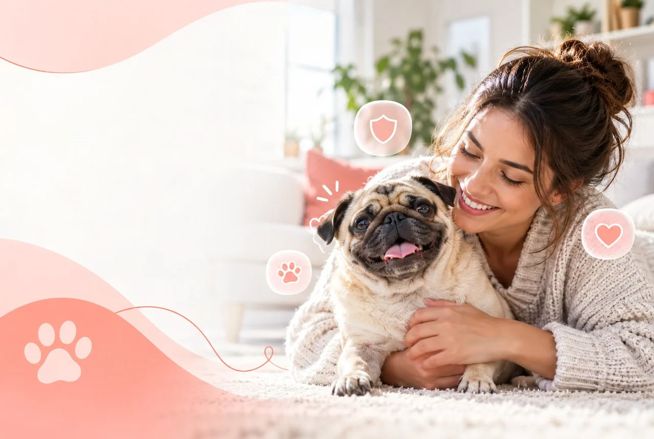 Short-muzzled dog resting beside its owner at home